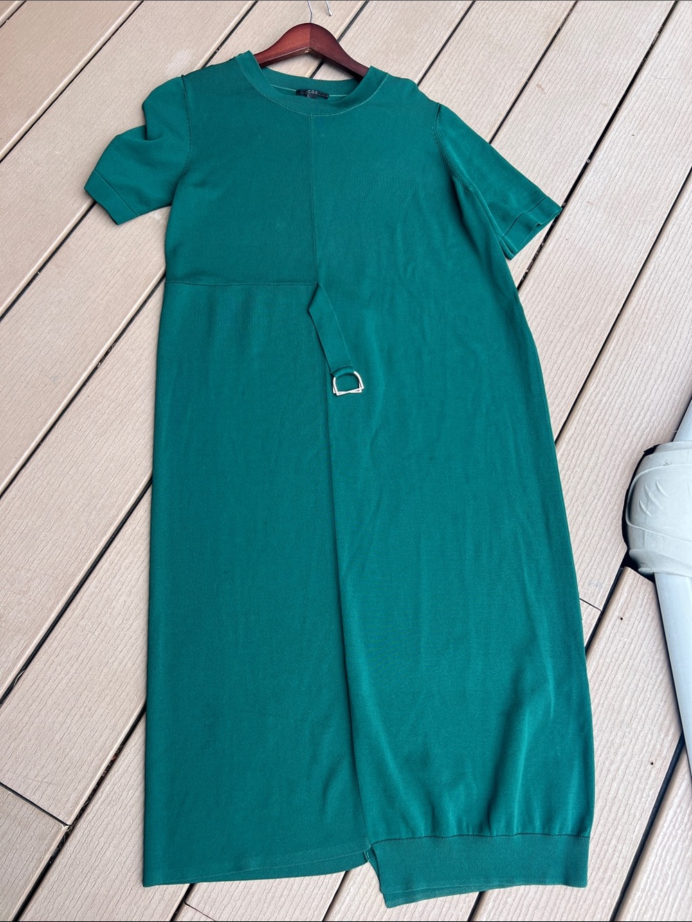 COS Forest Green Short-Sleeve Midi Knit Dress with Waist Ring Small